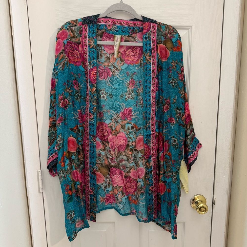 Teal Floral Kimono Cardigan with Pink Rose Print